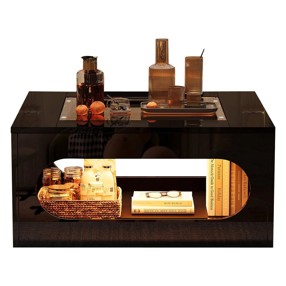 Tavolino da Salotto Quadrato con Piano in Vetro Temperato e LED ¨C MINIMAL ¨C Nero, MDF, 70x70x35