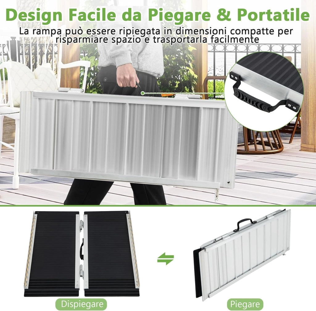 Set di 2 Rampa per Sedie a Rotelle in Alluminio, Rampa Telescopica Pieghevole con Superficie Antiscivolo, Capacità di Carico di 272 kg, per Soglie, Gradini, Scale (91 x 74cm)