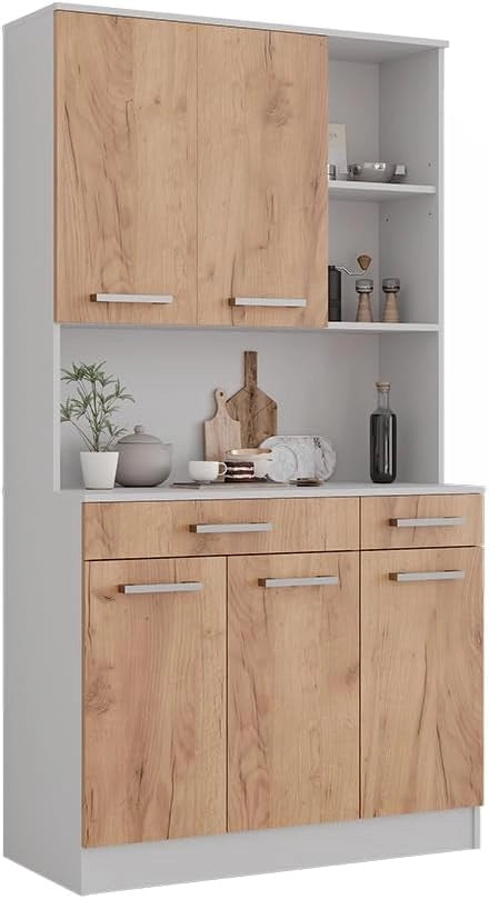 Buffet da cucina Raul, Rovere bianco/dorato, 100.1 x 188.5 cm con 5 porte e 2 cassetti, con ripiano aperto per dispositivi e spazio di archiviazione espandibile