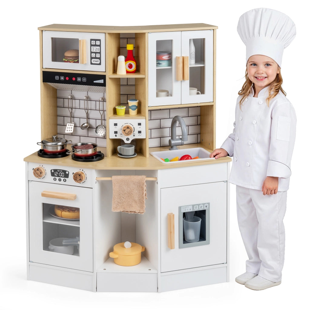 Cucina giocattolo bambini suoni luci legno fornello lavandino cappa-Cucina ghiaccio caffè microonde forno set bambini 3+anni Naturale