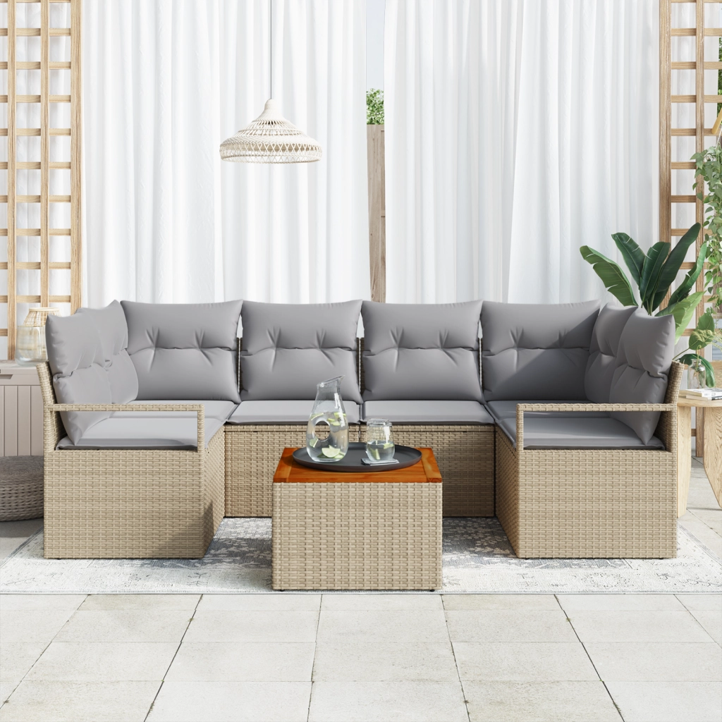 Set divani giardino  7 Pezzi con cuscini Beige Rattan Acacia