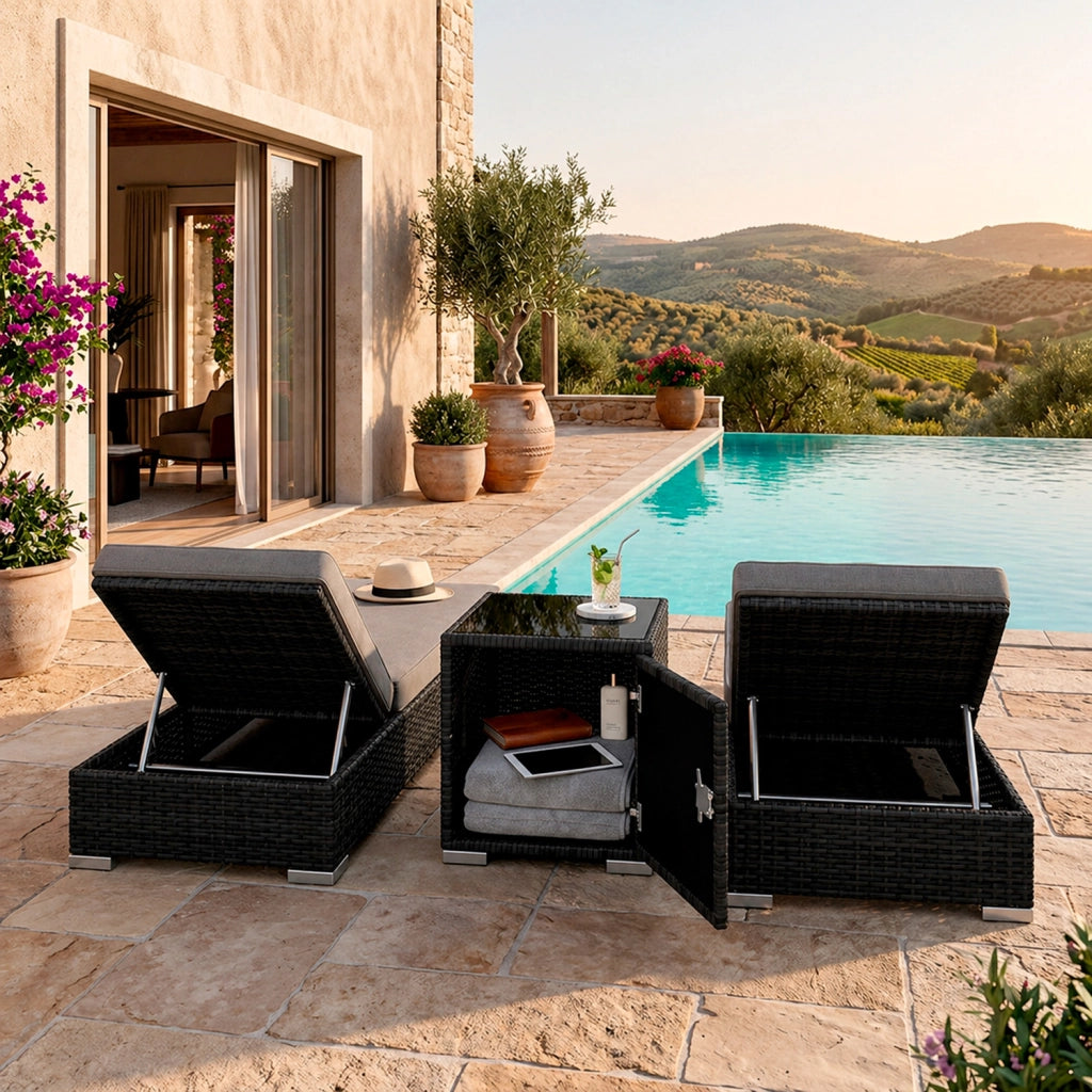 Set 2 Sdraio Prendisole in Polyrattan con Tavolino Contenitore e Cuscini Schienale Reclinabile 5 Posizioni Arredo Giardino Piscina 184x60x21 Cm Nero Grigio