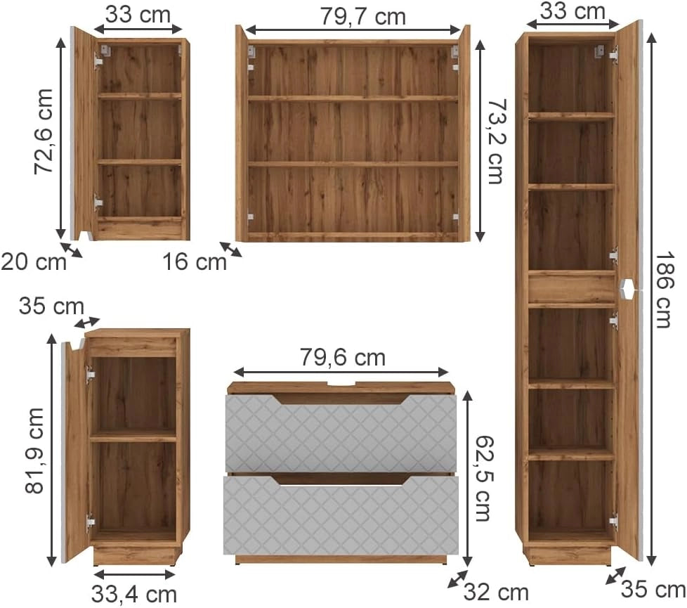 Set di mobili da bagno Lotta, Rovere/grigio con struttura in piastrelle, 5 parti