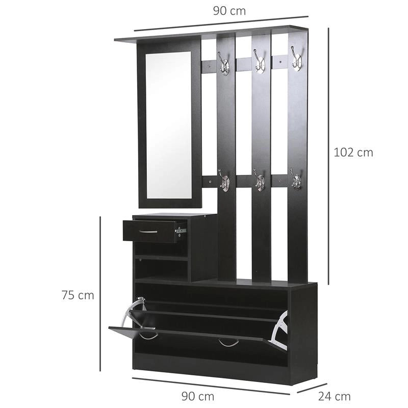 MOBILE DA INGRESSO APPENDIABITI CON SCARPIERA E SPECCHIO, IN TRUCIOLATO, 90X10X102 CM, NERO