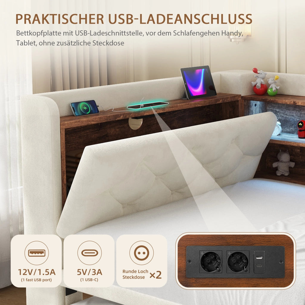 DIVANO LETTO Estraibile 90x190 cm Velluto Beige con USB e Type-C