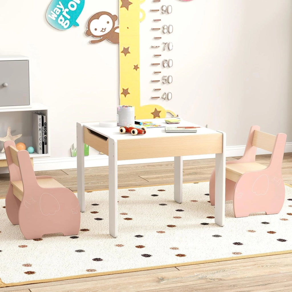 3 in 1 Set Tavolo e Sedie per Bambini, Tavolo da Attività per Bambini con 2 Sedie, Lavagna Rimovibile e Deposito, per Giocare, Disegnare e Leggere, in Legno (Rosa)