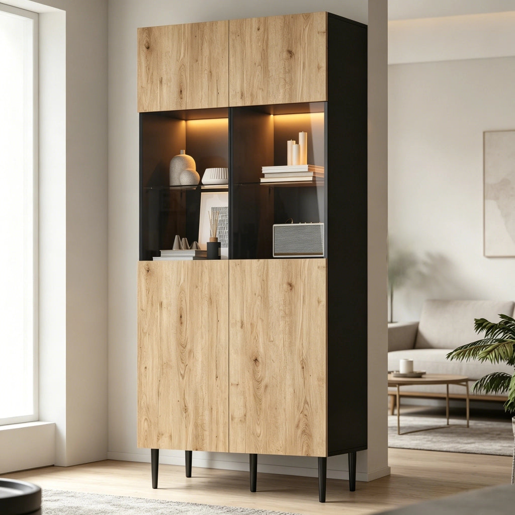 Credenza e madia con 2 ante in vetro temperato, 10 vani, LED, per soggiorno, nero e legno naturale, 80 × 35 × 180 cm