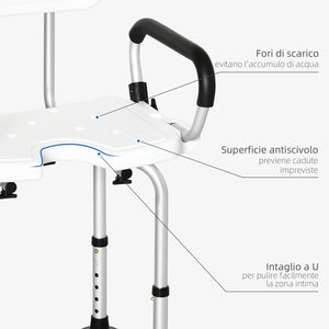 Sedia per Doccia con Braccioli 54x52x70-82 cm in Lega di Alluminio e HDPE Bianco