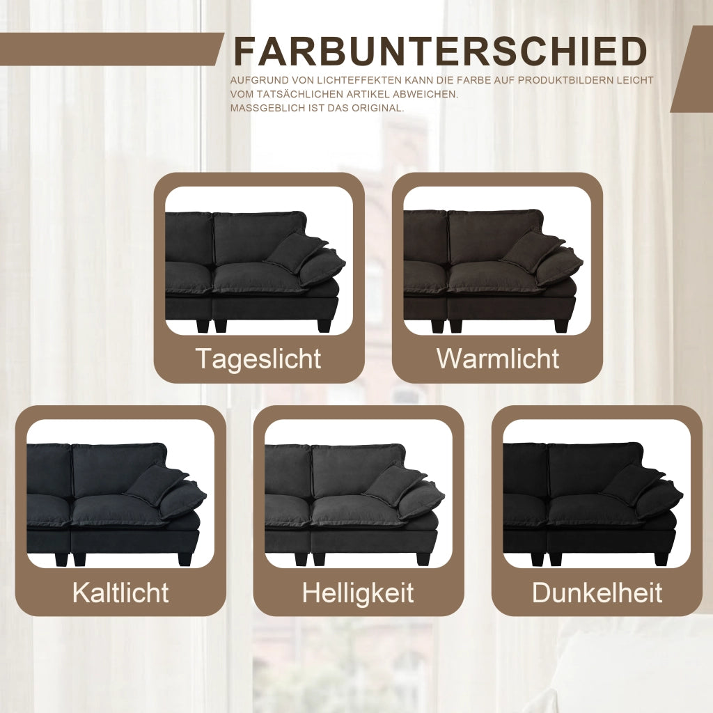 Scaffale modulare con braccioli rimovibili, porta bicchieri, vani portaoggetti e porte USB, in chenille nero 224 × 82 × 90 cm