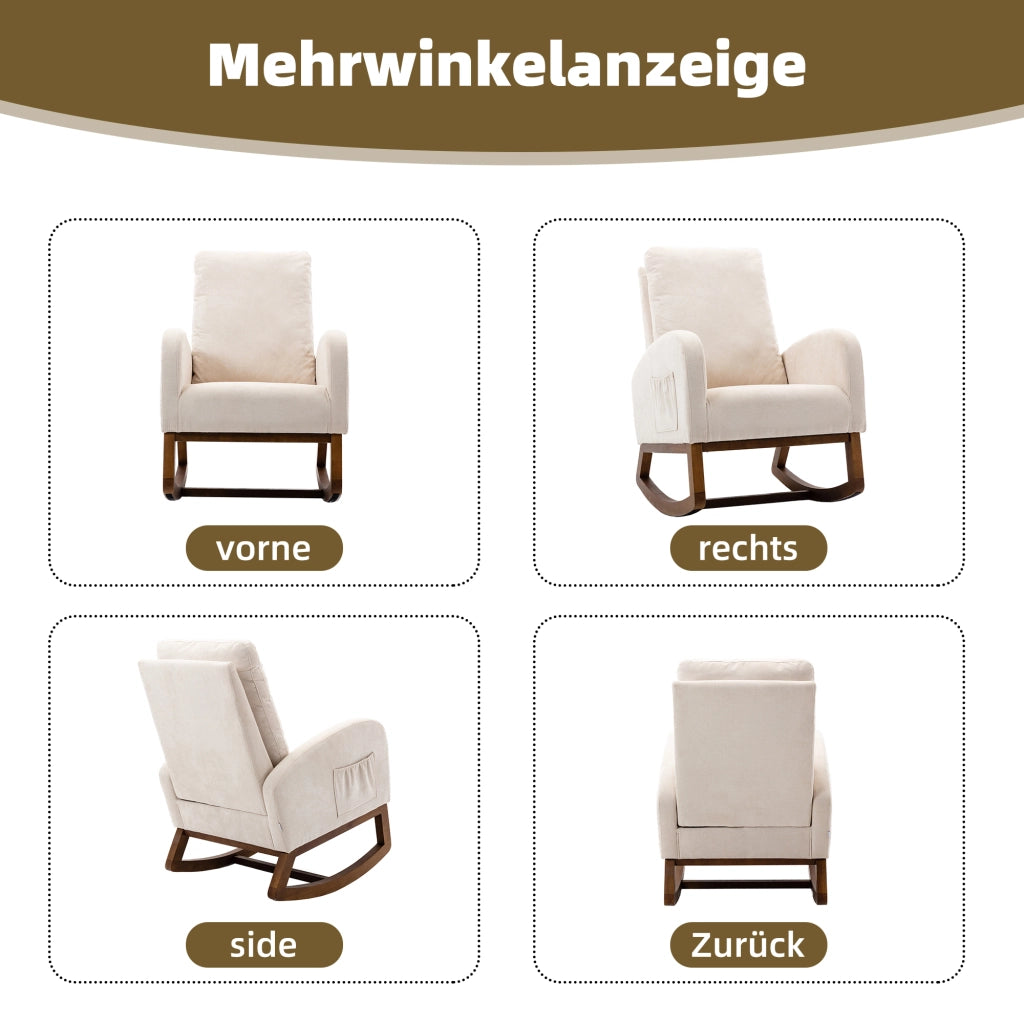 Sedia a dondolo con schienale alto e tasche laterali in lino beige con braccioli lunghi e gambe in legno di gomma