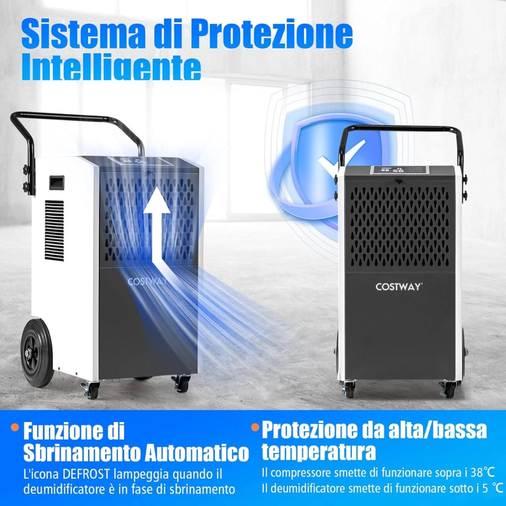 Deumidificatore Casa, Deumidificatore Elettrico con Tubo di Scarico e Timer, Portatile con Ruote per Cantina, Magazzino, Fabbrica e Grandi Spazi fino a 695 m³ (Bianco)