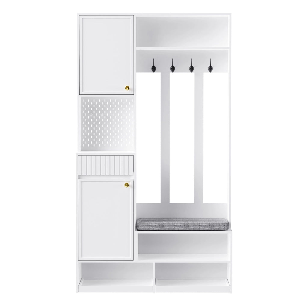 Mobile ingresso multifunzione con panca; 4 ganci; cassetti e pannello forato; bianco 100x35x180 cm