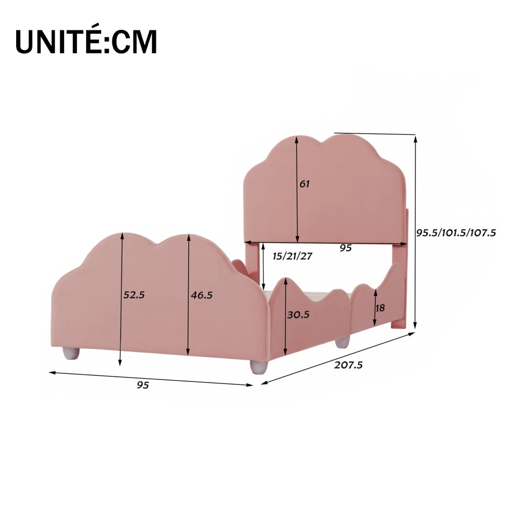 Letto per Bambini 90x200 cm; Letto Singolo con Sponda e Testiera Regolabile; in Velluto Rosa