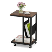 Tavolino da divano industriale a 3 livelli con tasca e struttura in metallo resistente-Tavolino a forma di C su ruote da letto Marrone