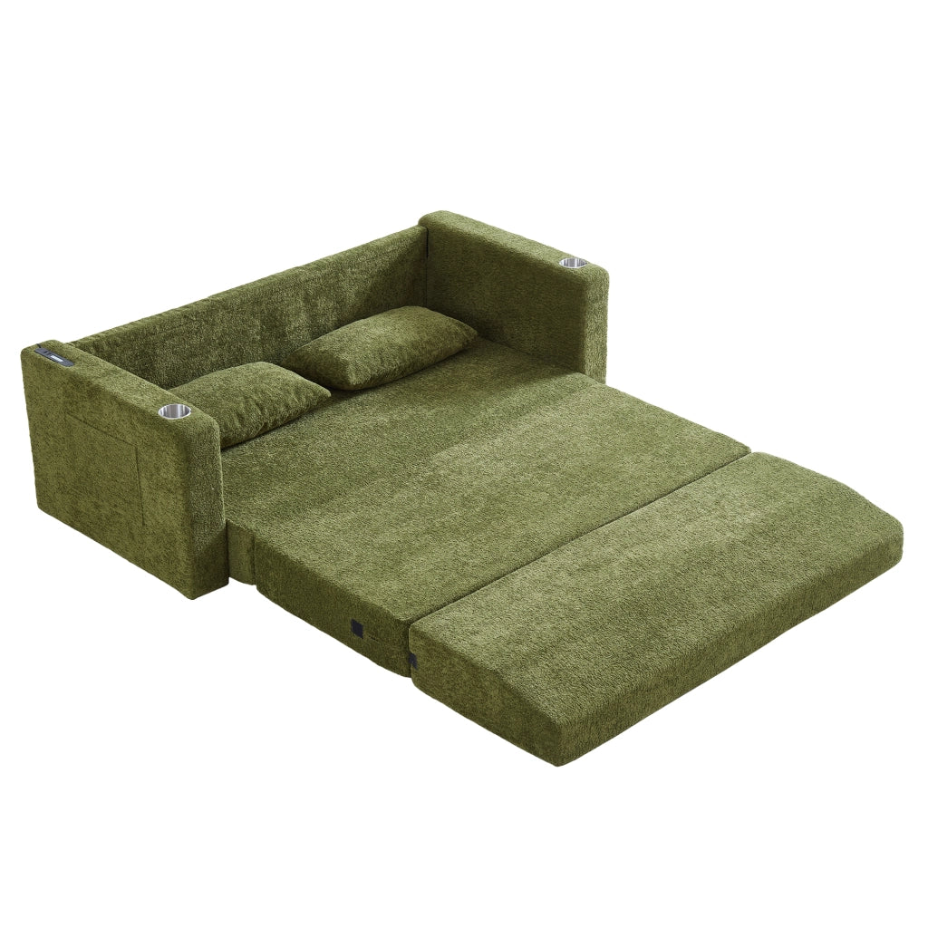 Divano letto 2 posti con funzione letto; USB; portabicchieri e tasche laterali in schiuma verde