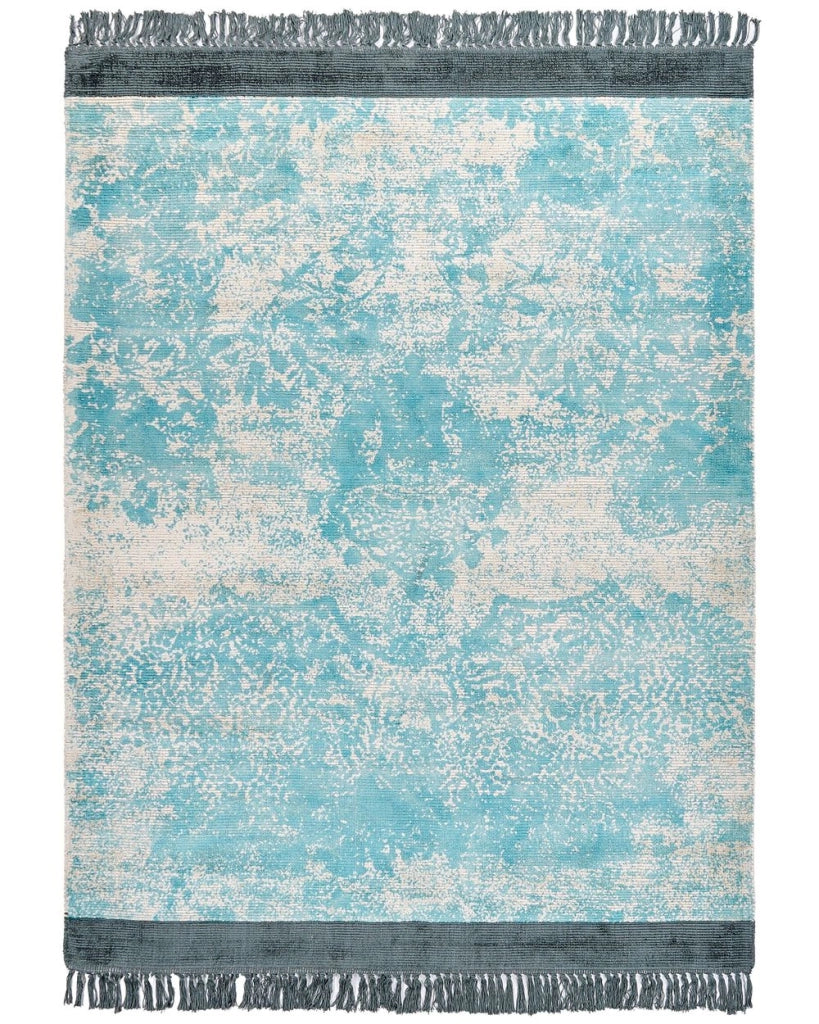 Tappeto vintage in viscosa con frange 140 x 200 cm blu e beige stile classico e retrò camera da letto soggiorno
