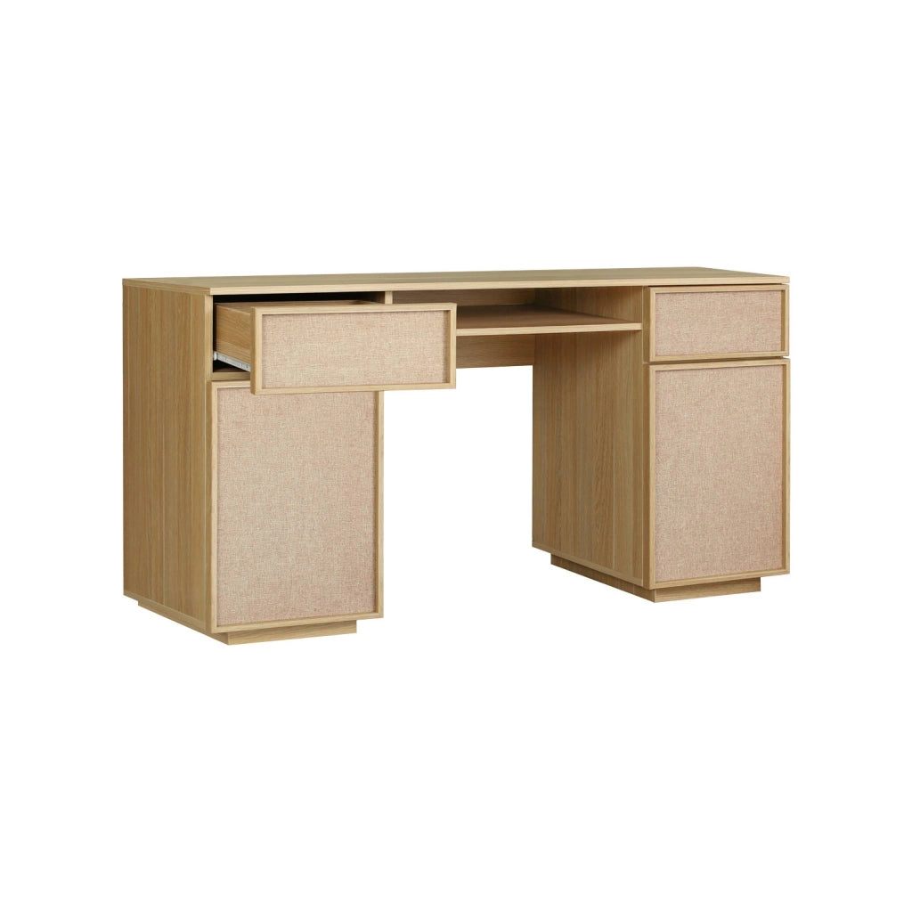Scrivania decorativa in legno e tessuto 2 ante 2 cassetti 1 nicchia,
