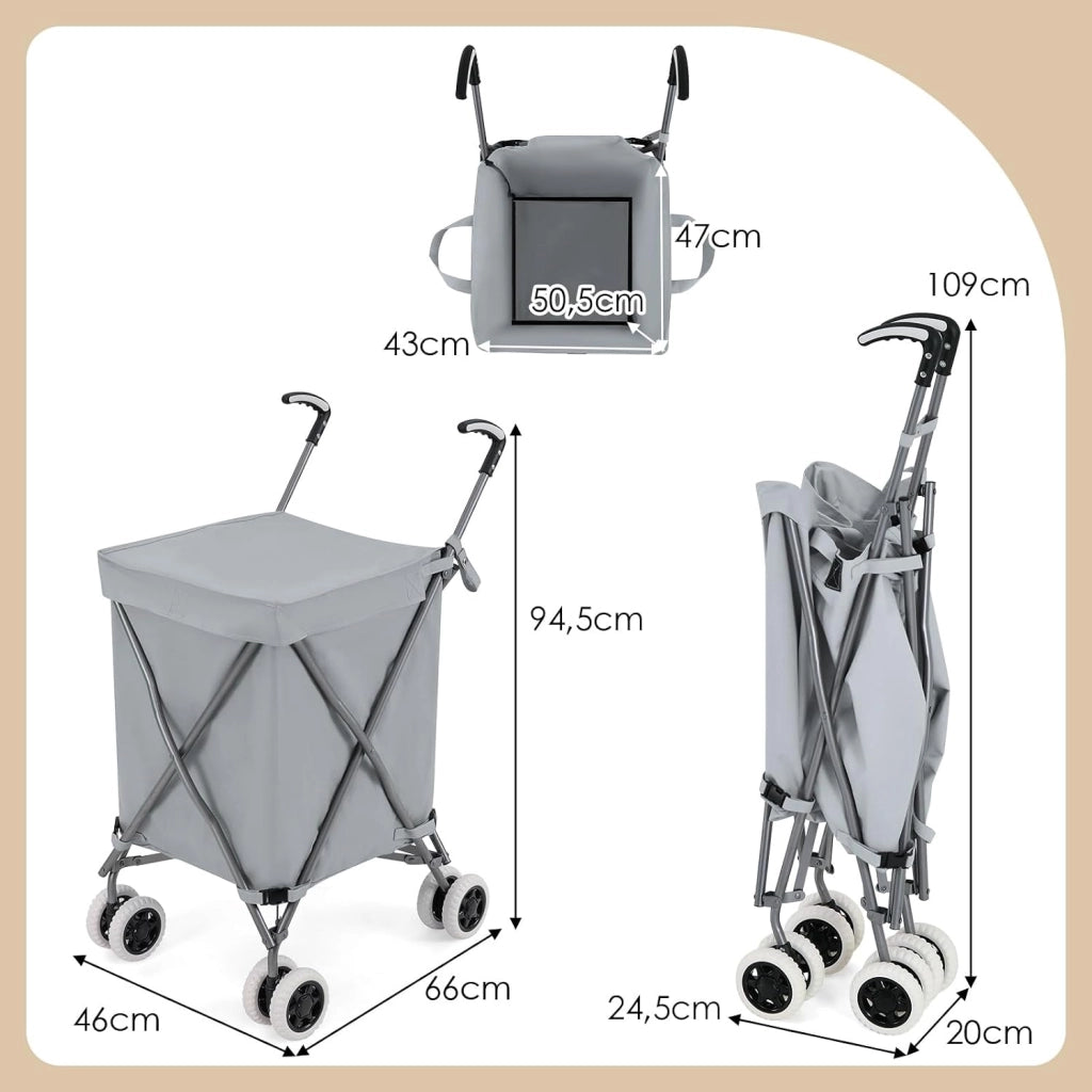 Carrello Spesa Pieghevole con Ruote, Carrello Portaspesa con Fodera in Tessuto Oxford Rimovibile e Impermeabile, 90L, Capacità di peso 55 kg (Grigio)