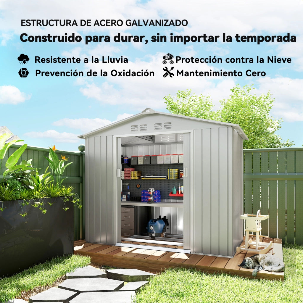 Casetta da Giardino ¨C zephmum ¨C Grigio Argento 213x130x185 cm con Porte Scorrevoli e Lucernario