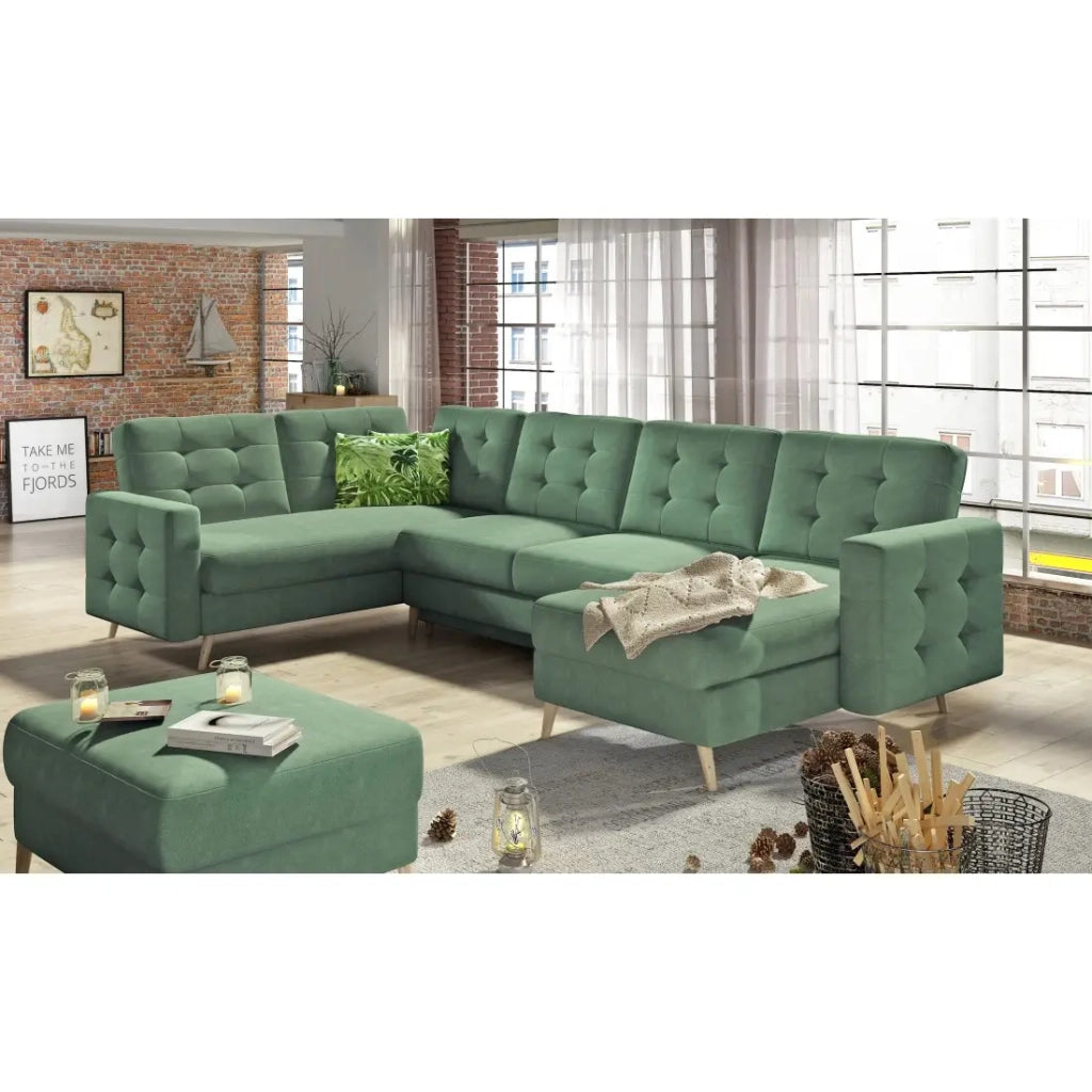 Divano ad angolo panoramico trasformabile HASGARD U 326 cm verde con contenitore