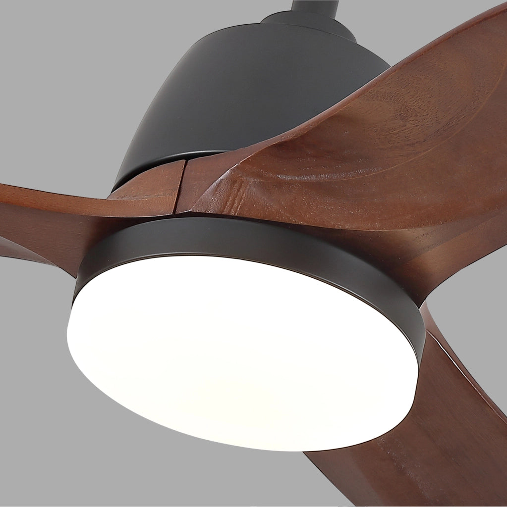 Ventilatore da soffitto nero con luce LED a 3 tonalità, pale in legno e motore DC reversibile per soggiorno