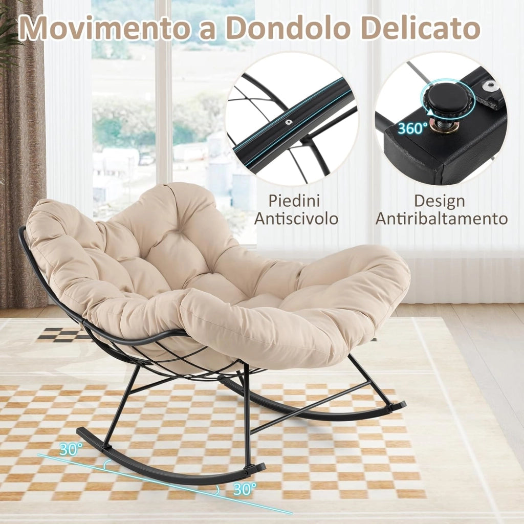 Sedia a Dondolo, Poltrona Relax Ergonomica, Poltrona Sovradimensionato con Cuscino Imbottito, Sedia a Uovo con Struttura Metallica, per Soggiorno Portico Giardino, Portata 205 kg (Beige)