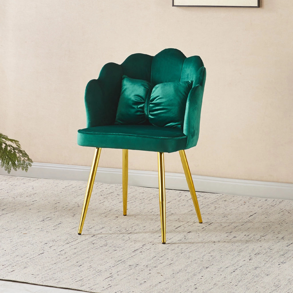 Poltroncina Elegante in Velluto con Schienale a Conchiglia, Cuscino e Gambe in Acciaio, Sedia Imbottita elegante VerdeSottobosco