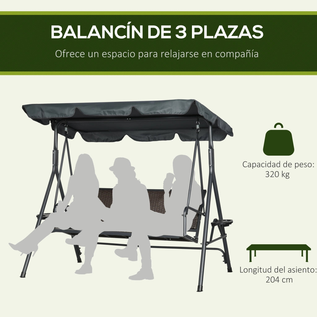Altalena da Giardino 3 Posti con Toldo ¨C Zephmum ¨C Grigio 204x112x150 cm