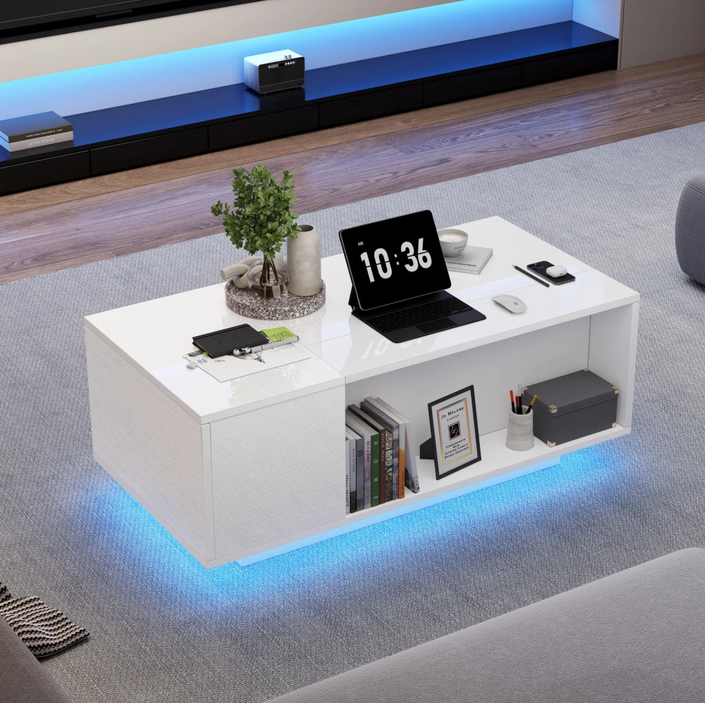 Tavolino da salotto 100x50x40 cm; sollevabile con contenitore nascosto e LED; pannello truciolare bianco