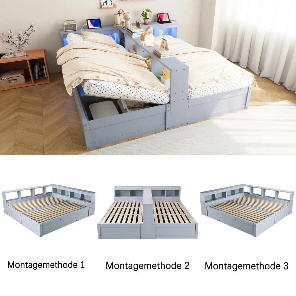 Letto combinato 90/180 × 200 cm con prese, LED, contenitore idraulico, senza materasso, in MDF, grigio