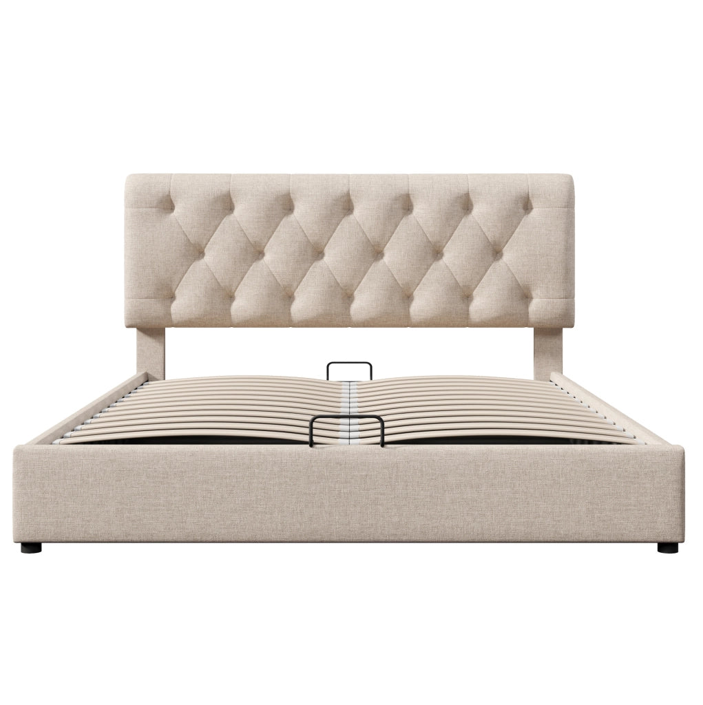 Letto matrimoniale imbottito 140x200 cm con testiera regolabile; contenitore idraulico; lino naturale