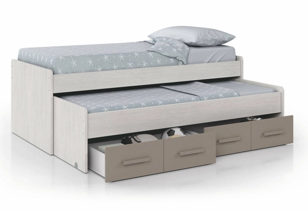 Letto singolo Cupido, Struttura letto per cameretta, Letto singolo con lettino estraibile e 4 cassettoni, cm 198x96h69, Legno e Marrone
