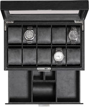 Cassa orologio in legno con 10 compartimenti, orologio in legno di lusso, organizzatore di display, contenitore per orologi con chiusura e vetrata (nero/grigio)