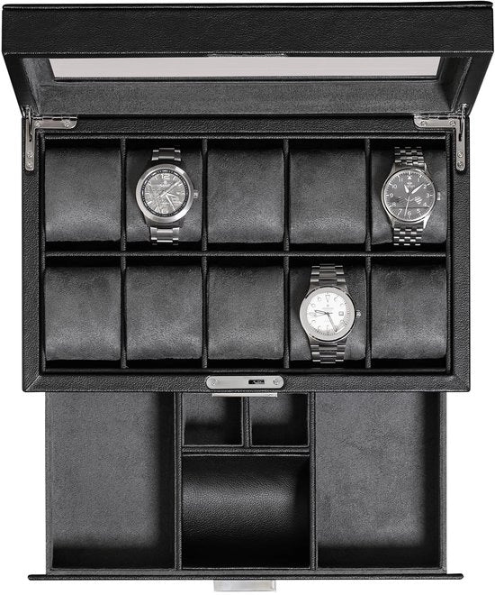Cassa orologio in legno con 10 compartimenti, orologio in legno di lusso, organizzatore di display, contenitore per orologi con chiusura e vetrata (nero/grigio)