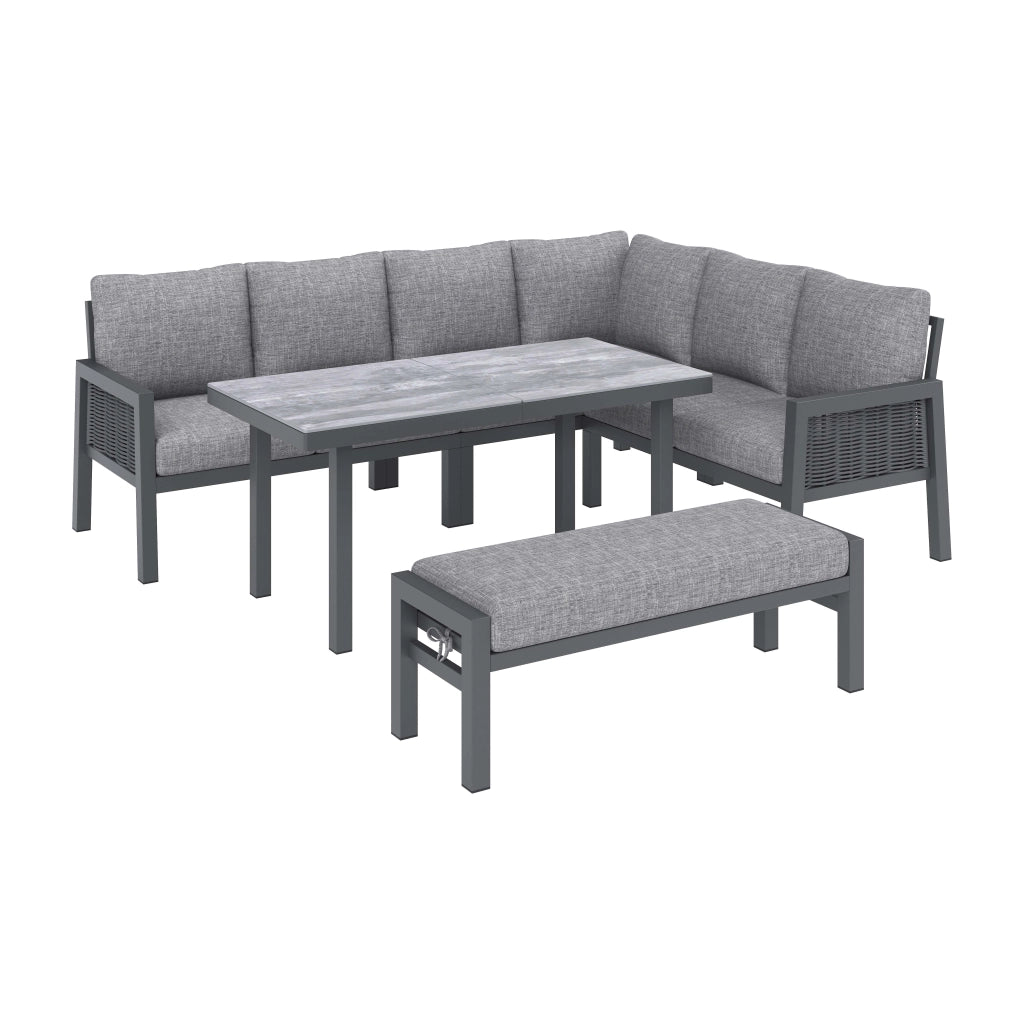 Set da Giardino 8 Posti Angolare ¨C MINIMAL ¨C Polyrattan Grigio, Tavolo in Vetro