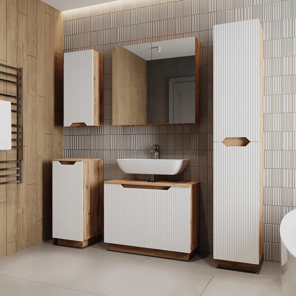 Set di mobili da bagno Lotta, Rovere/bianco a strisce, 5 parti