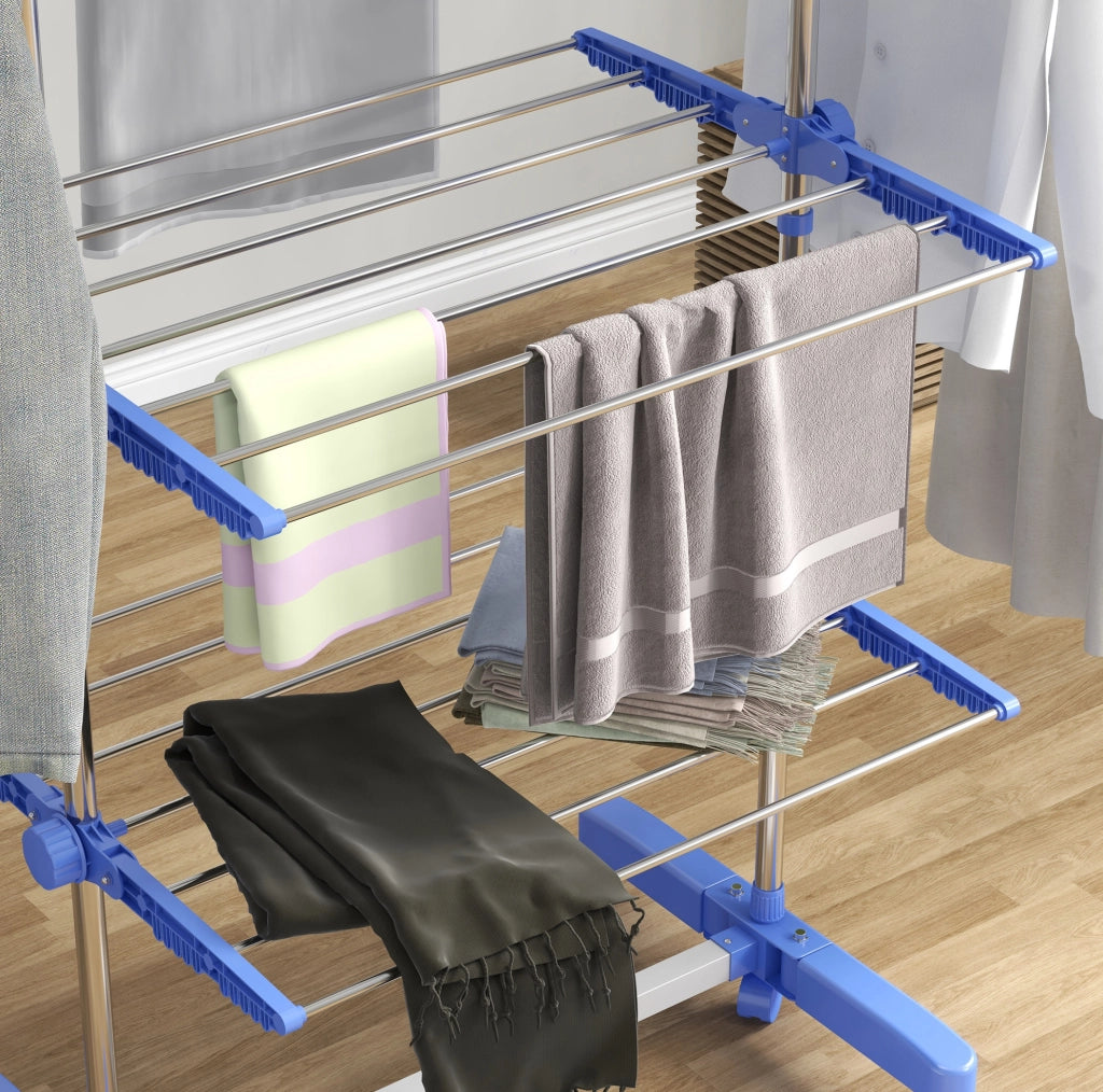 Stendibiancheria pieghevole con ruote in acciaio inox blu