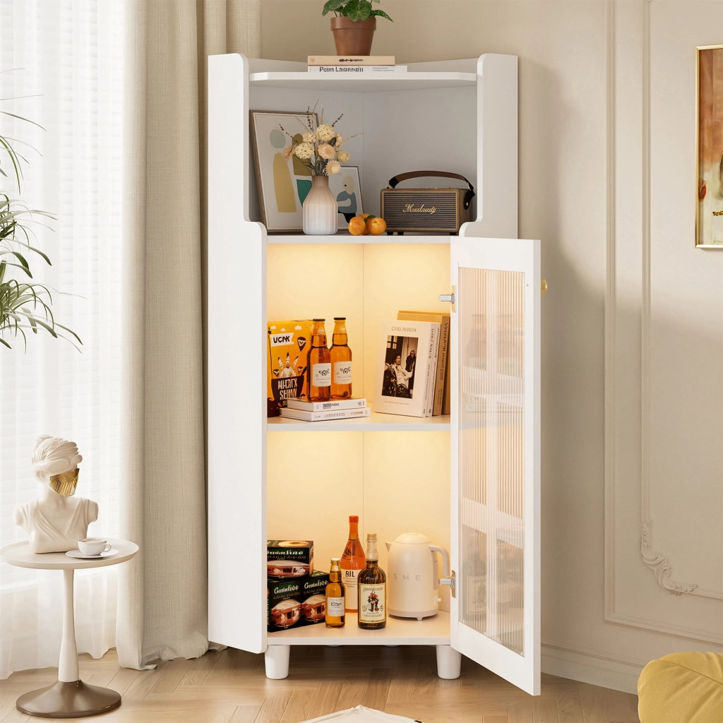 Mobile angolare con LED e 1 vano aperto, armadietto in vetro a 2 livelli, per soggiorno, bagno e cucina, in MDF, bianco, 63,5 × 124 cm