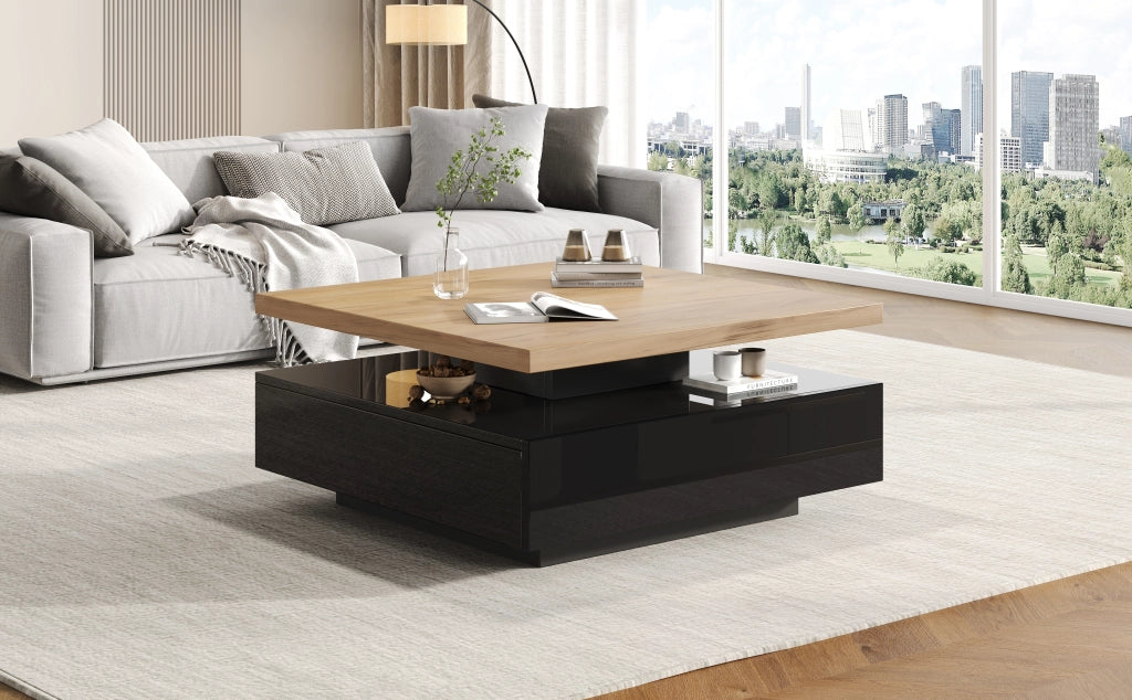 TAVOLO DA SALOTTO Girevole 360° 70x70x36 cm Noce e Nero Lucido con cassetto