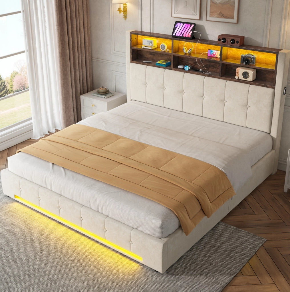 Letto imbottito 180x200 cm con contenitore; LED e USB-C in velluto beige