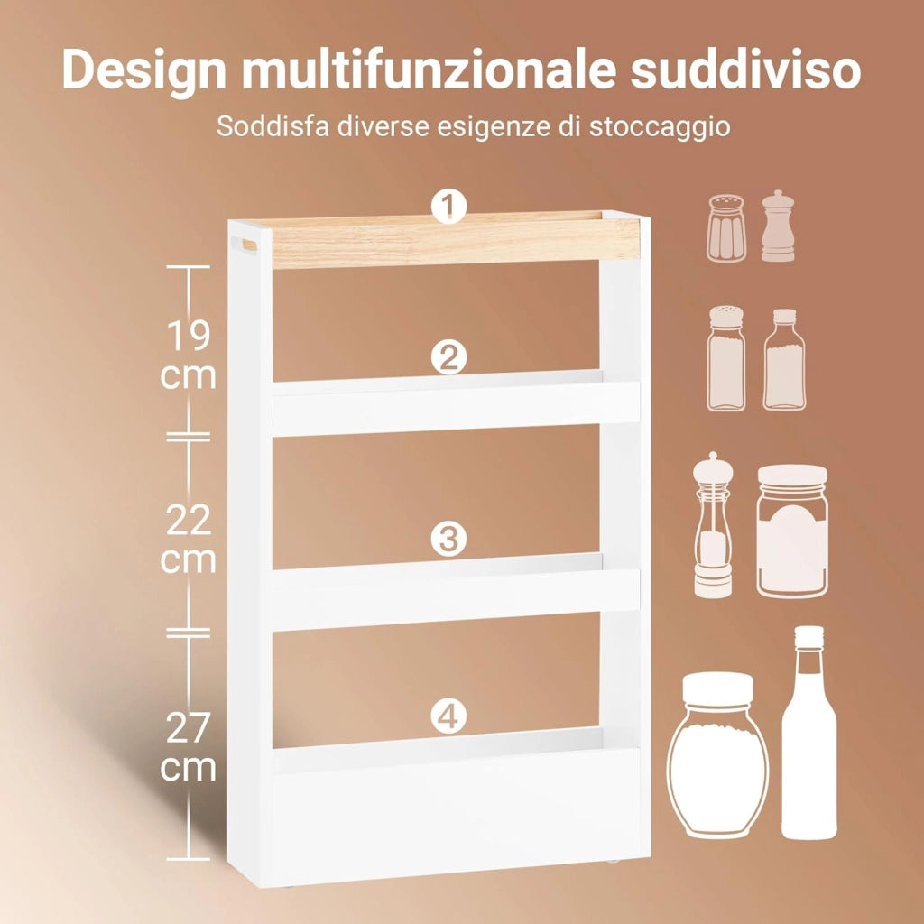 Carrello Cucina Salvaspazio con Ruote 15cm Larghezza – Mobiletto Cucina Stretto con 3 Ripiani, Scaffale Cucina e Portaoggetti per Bagno o Ufficio, Bianco ed Effetto Legno 80x15x50cm NSR12-W