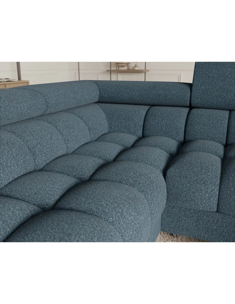 Divano panoramico convertibile FACTORY 3 posti blu melange – angolo sinistro con contenitore