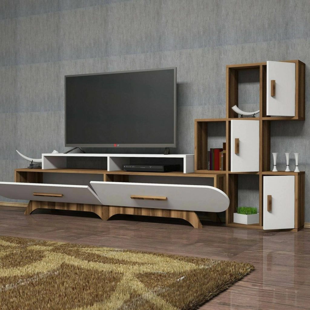 Parete attrezzata Lupo, Composizione soggiorno, Mobile salotto multiuso, Armadio porta TV, 205x37h50 cm, Noce e Bianco