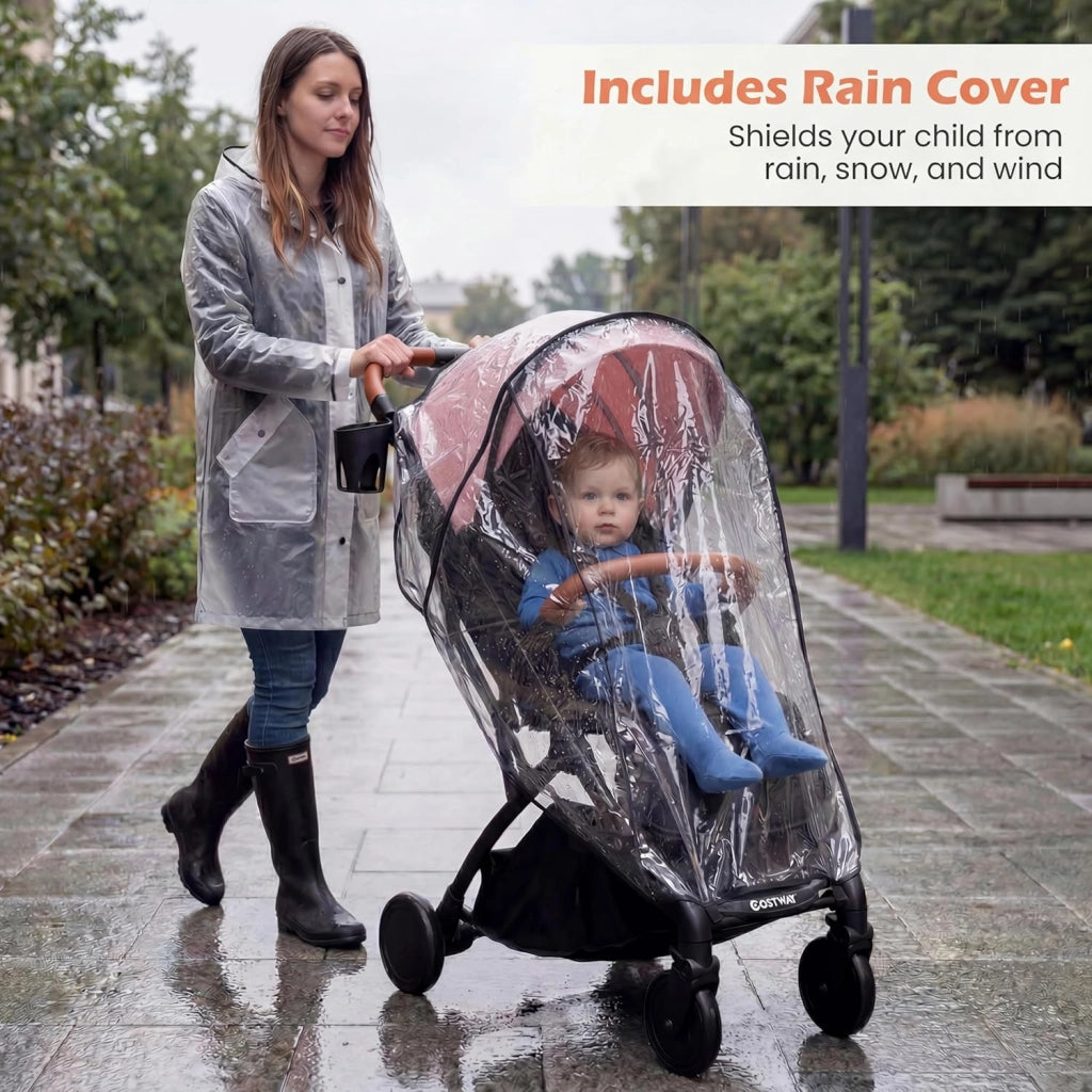 Passeggino Leggero per Bambini e Neonati, Passeggino Pieghevole e Portatile con Ruote, Schienale Regolabile, Tettuccio, Cintura di Sicurezza, Cesto e Copertura Antipioggia (Rosa)