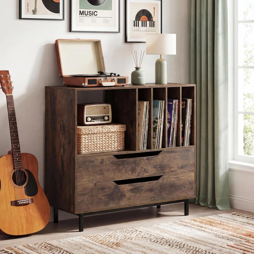 Supporto per Giradischi, Porta Dischi Vinile con 4 Ripiani per Vinili e 2 Cassetti, Armadio per Dischi Fino a 250 Album, per Soggiorno, Studio e Camera da Letto, 91 x 35 x 87 cm (Marrone)