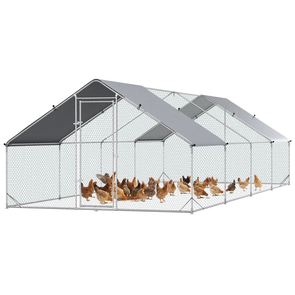 Pollaio da Giardino con Telaio Zincato, Copertura Impermeabile e Rete Esagonale, 3x8x2m, Argento