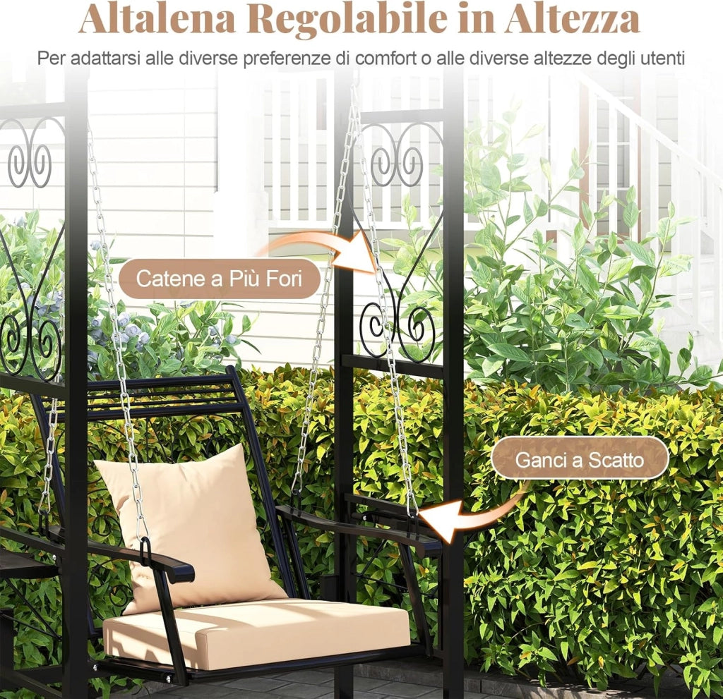 Sedia Sospesa da Esterno, Sedia a Dondolo Singola con Cuscini Removibili e Tavolini Laterali, Portata 160 kg, Altalena con Supporto e 2 Grigliati per Adulti per Giardino, Balcone e Cortile