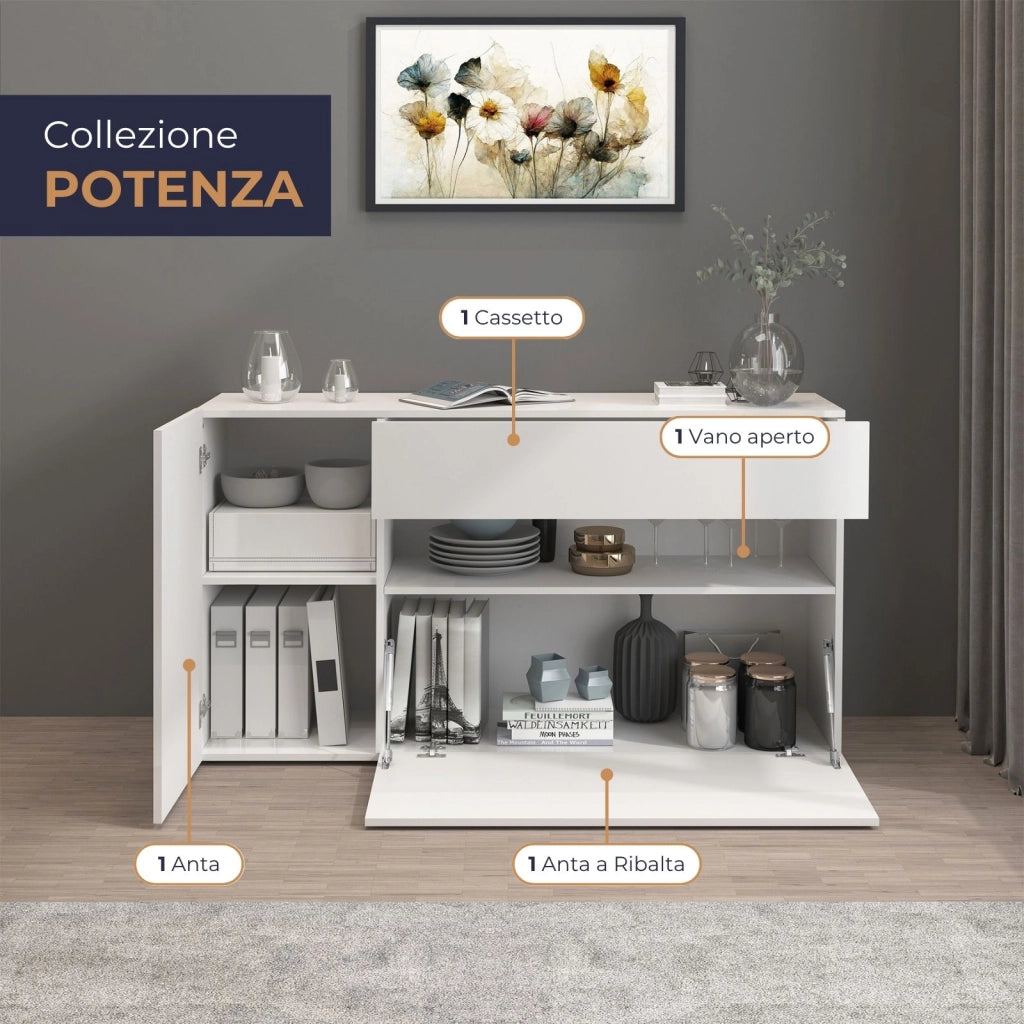WHOUS Credenza Potenza con 1 anta 1 ribalta e 1 cassetto bianco lucido 140x40x81 cm