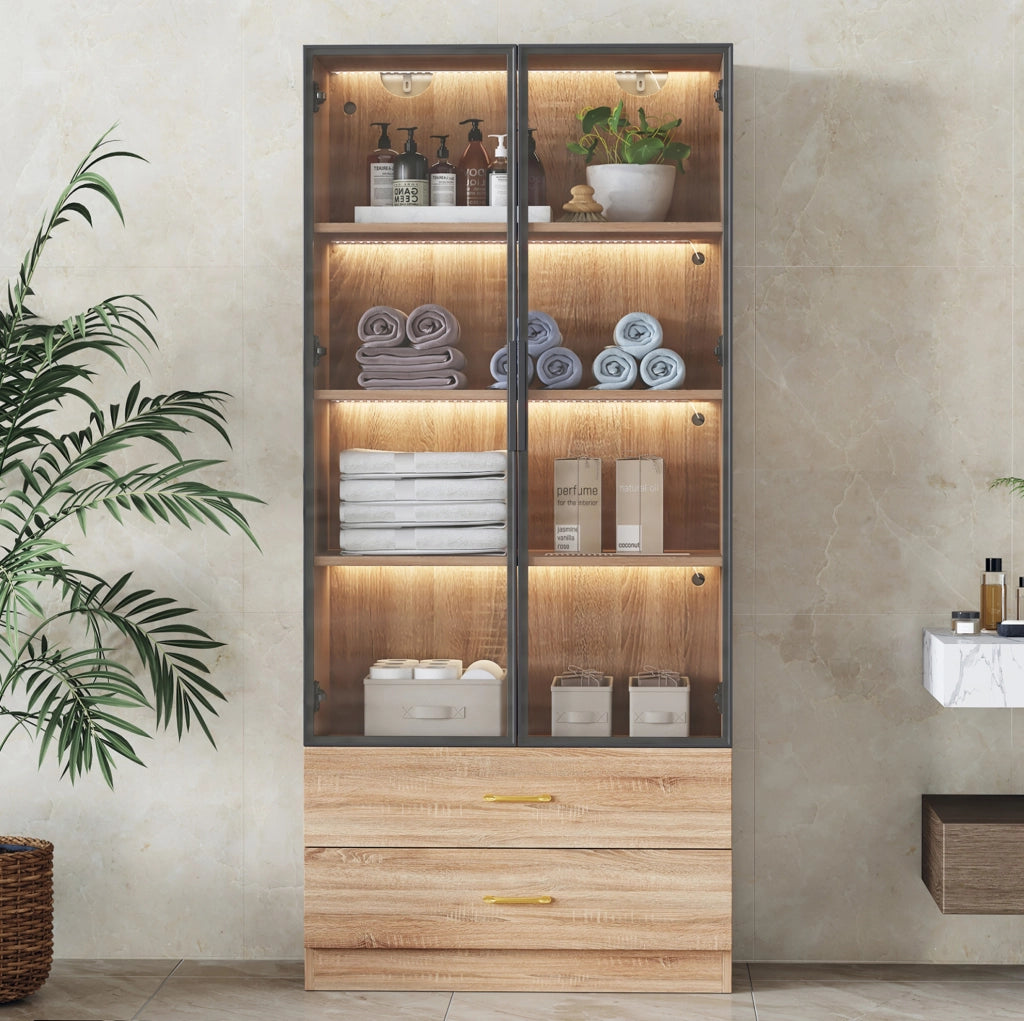 Mobile bagno alto in MDF marrone con vani aperti e anta in vetro temperato
