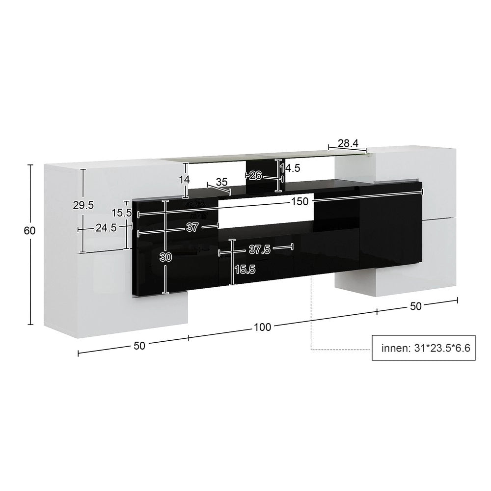 Mobile TV Basso ¨C Xylo ¨C Bianco Lucido e Nero, LED, Vetro, 200 cm